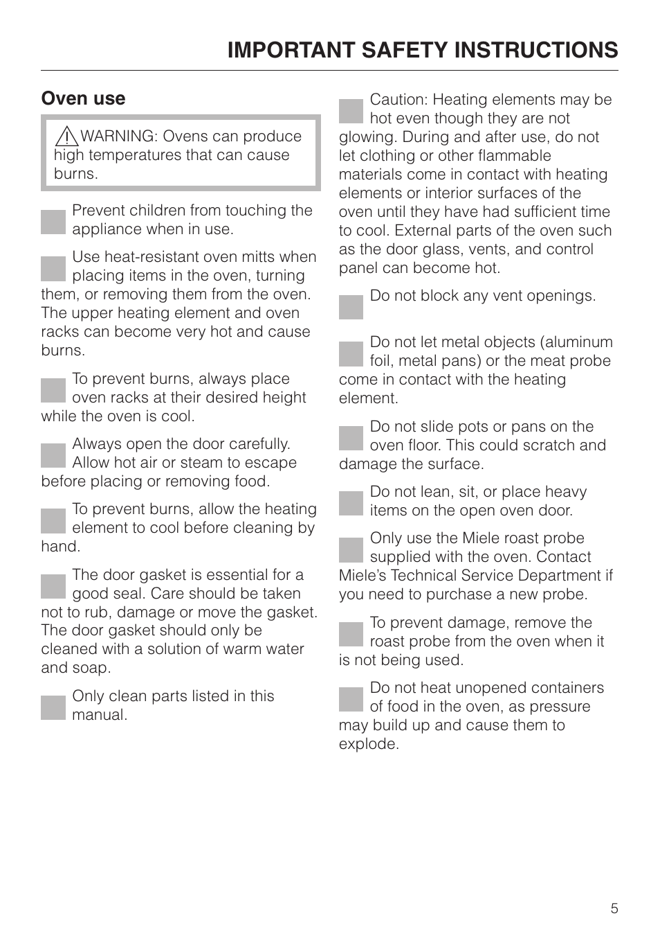 Important safety instructions, Oven use | Miele H396B User Manual | Page 5 / 80