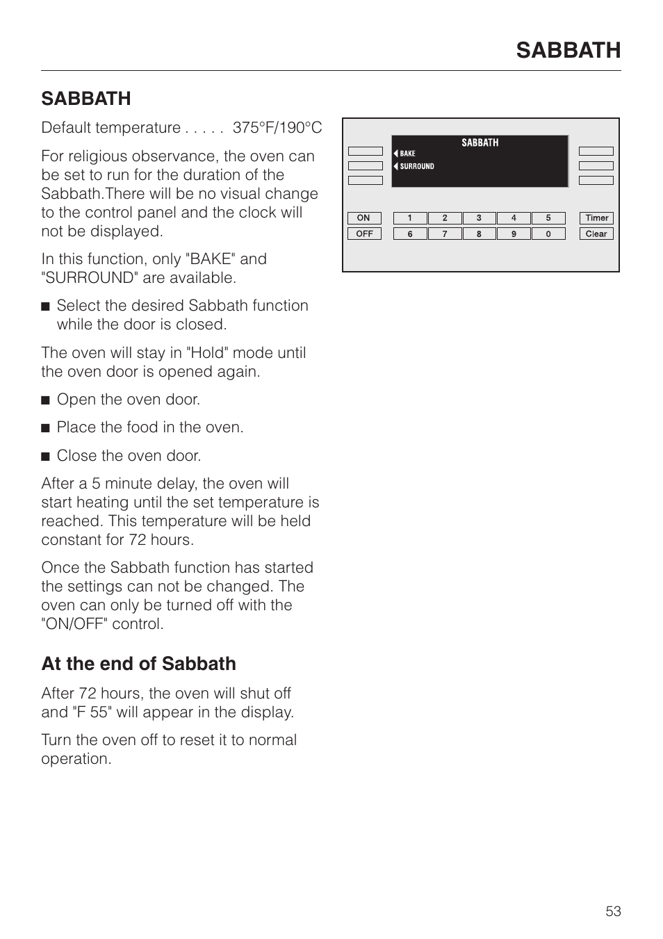 Sabbath 53, Sabbath, At the end of sabbath | Miele H396B User Manual | Page 53 / 80