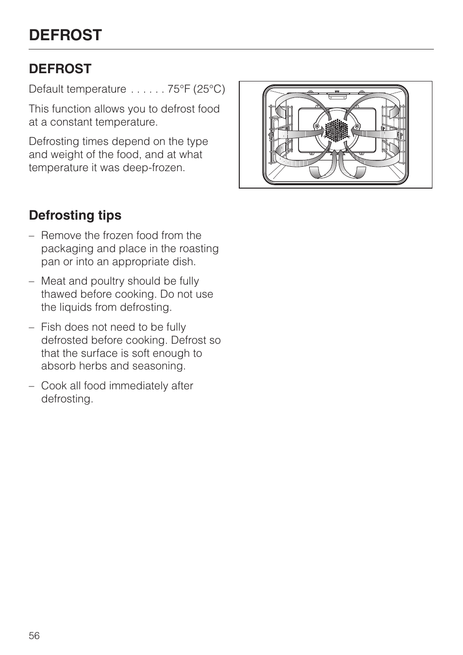 Defrost 56, Defrosting tips 56, Defrost | Defrosting tips | Miele H396B User Manual | Page 56 / 80