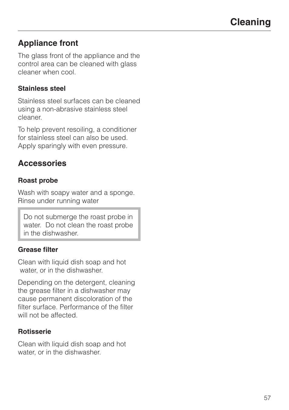 Cleaning 57, Accessories 57, Cleaning | Accessories, Appliance front | Miele H396B User Manual | Page 57 / 80