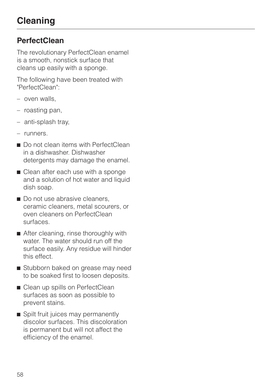 Perfectclean 58, Perfectclean, Cleaning | Miele H396B User Manual | Page 58 / 80