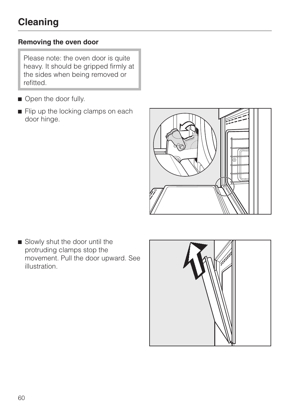 Removing the oven door 60, Removing the oven door, Cleaning | Miele H396B User Manual | Page 60 / 80