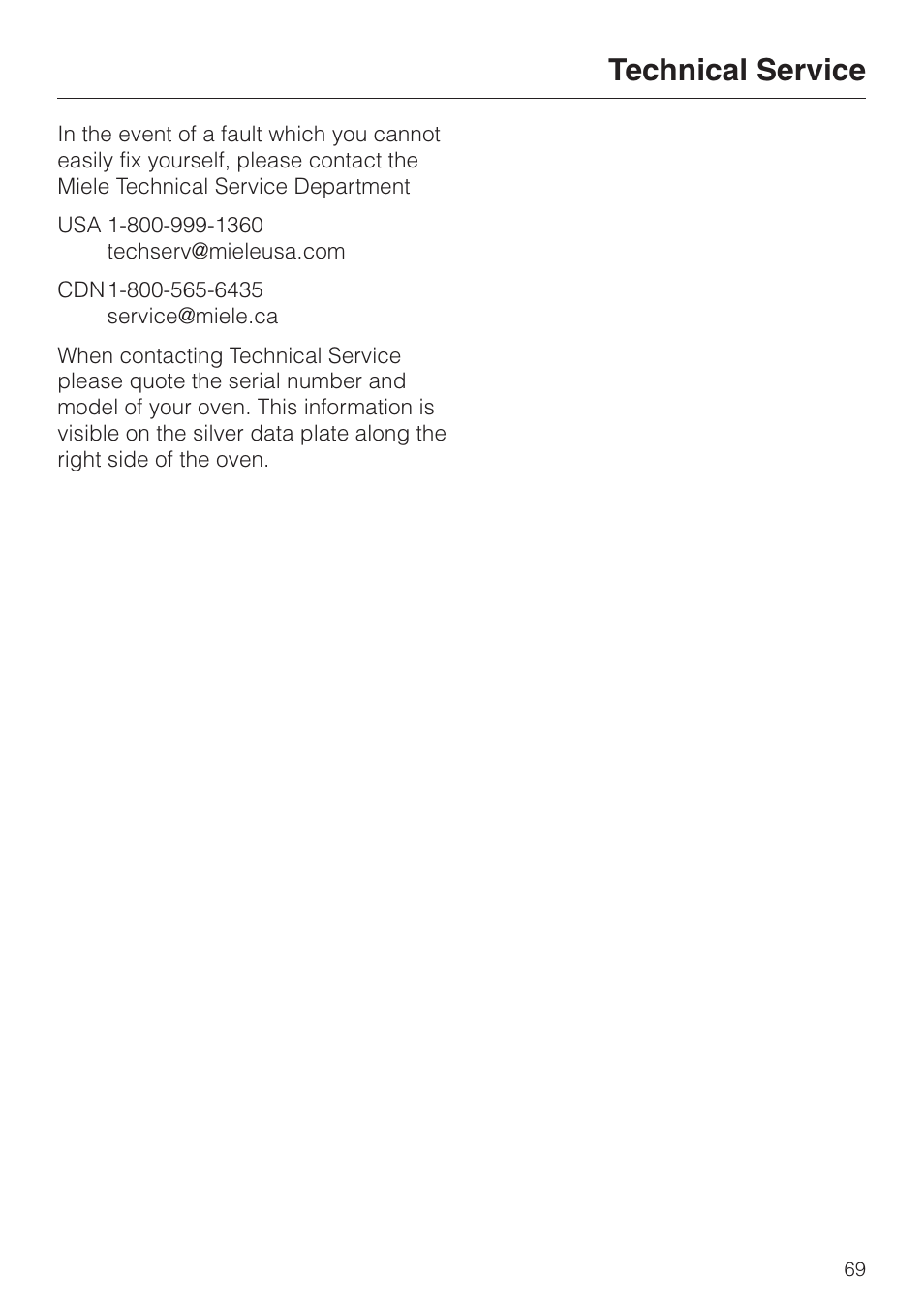 Technical service 69, Technical service | Miele H396B User Manual | Page 69 / 80