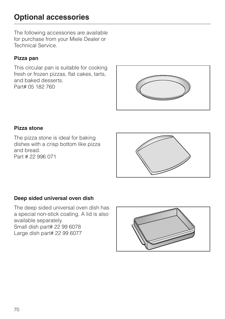 Optional accessories 70, Optional accessories | Miele H396B User Manual | Page 70 / 80