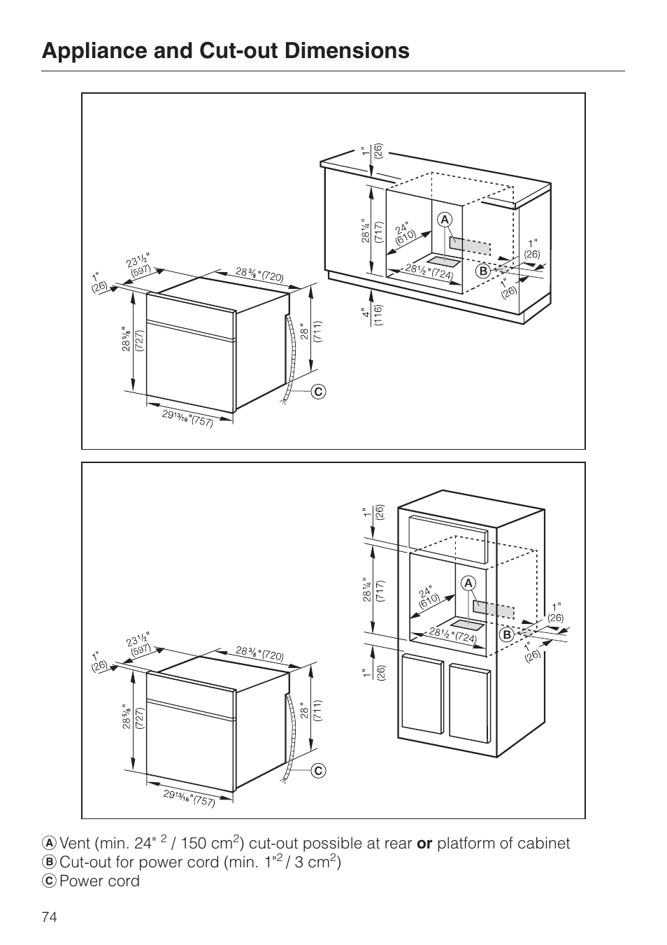 Appliance and cut-out dimensions 74, Appliance and cut-out dimensions | Miele H396B User Manual | Page 74 / 80