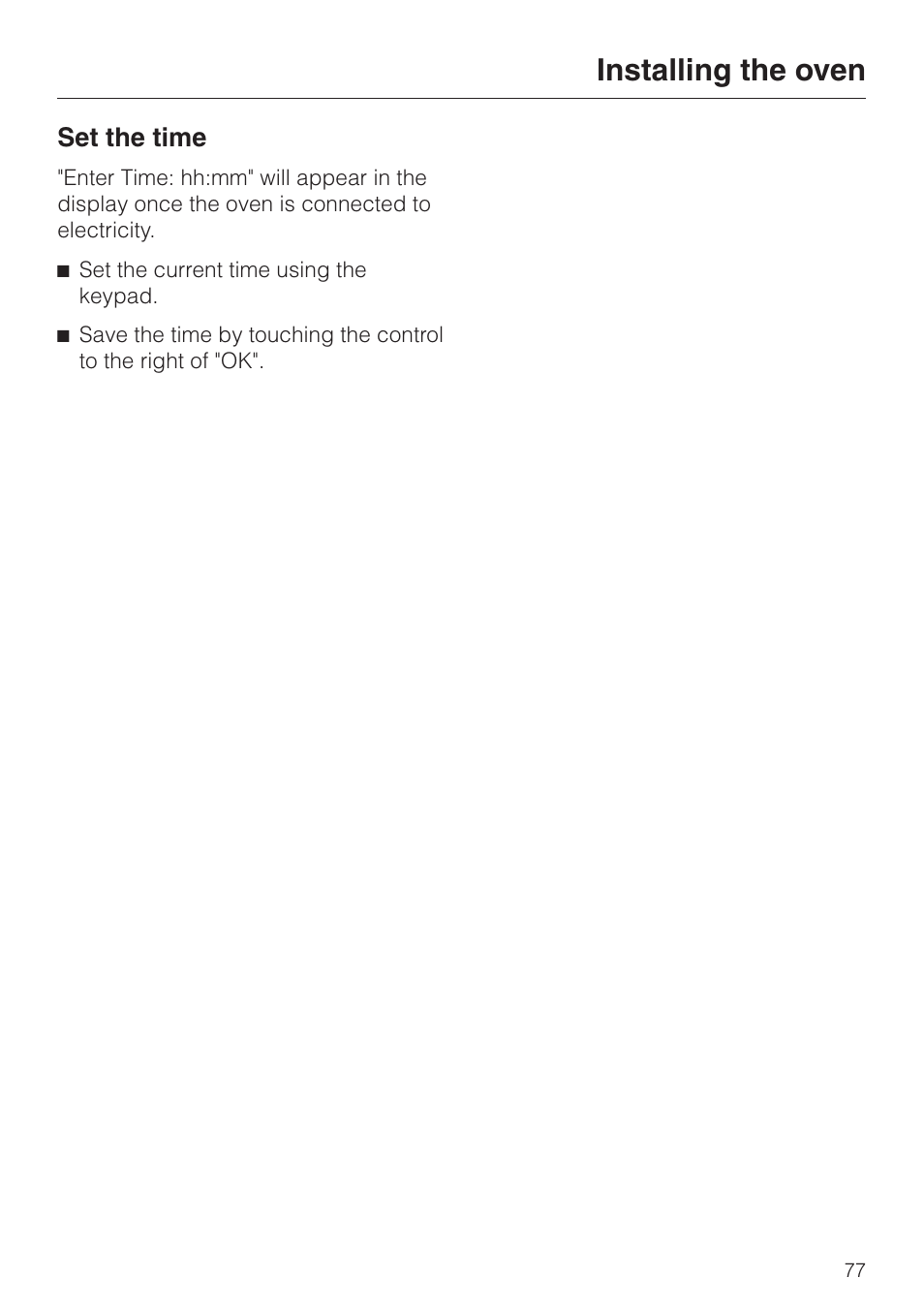 Installing the oven, Set the time | Miele H396B User Manual | Page 77 / 80