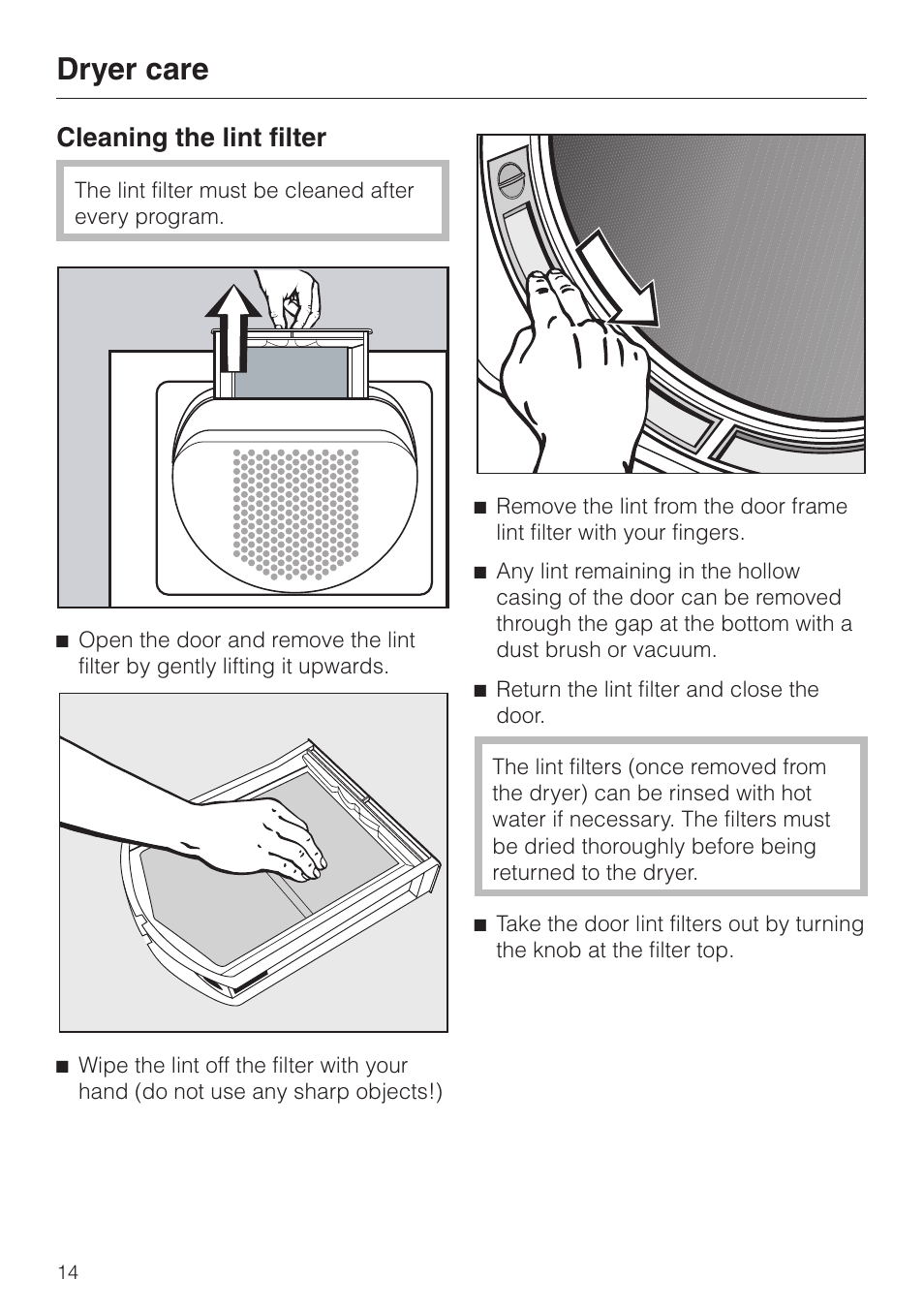 Dryer care 14, Cleaning the lint filter 14, Dryer care | Cleaning the lint filter | Miele T1323C User Manual | Page 14 / 36