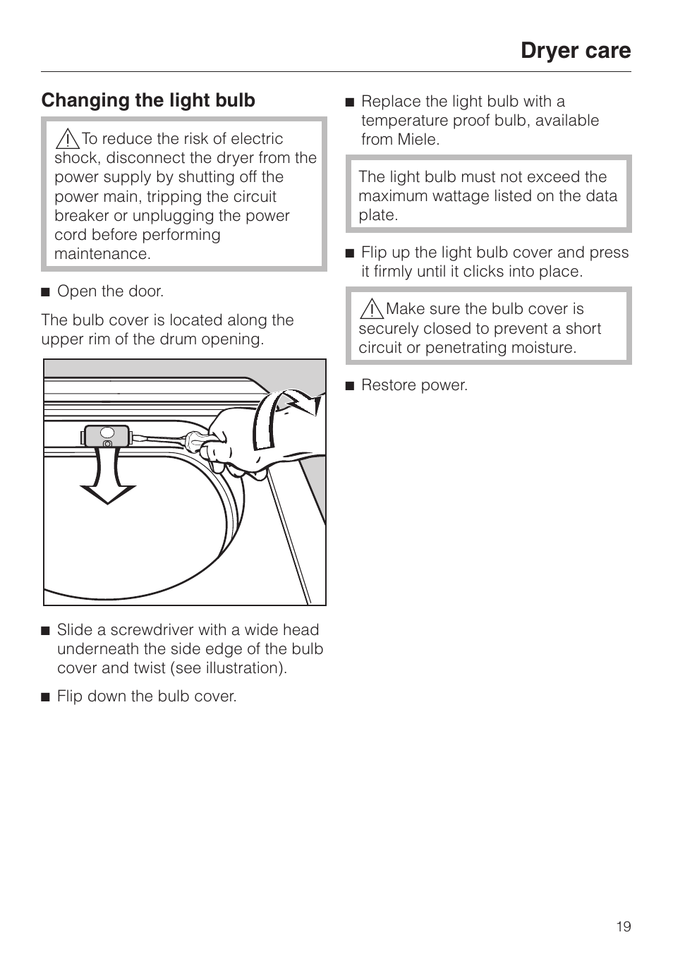 Changing the light bulb 19, Changing the light bulb, Dryer care | Miele T1323C User Manual | Page 23 / 36