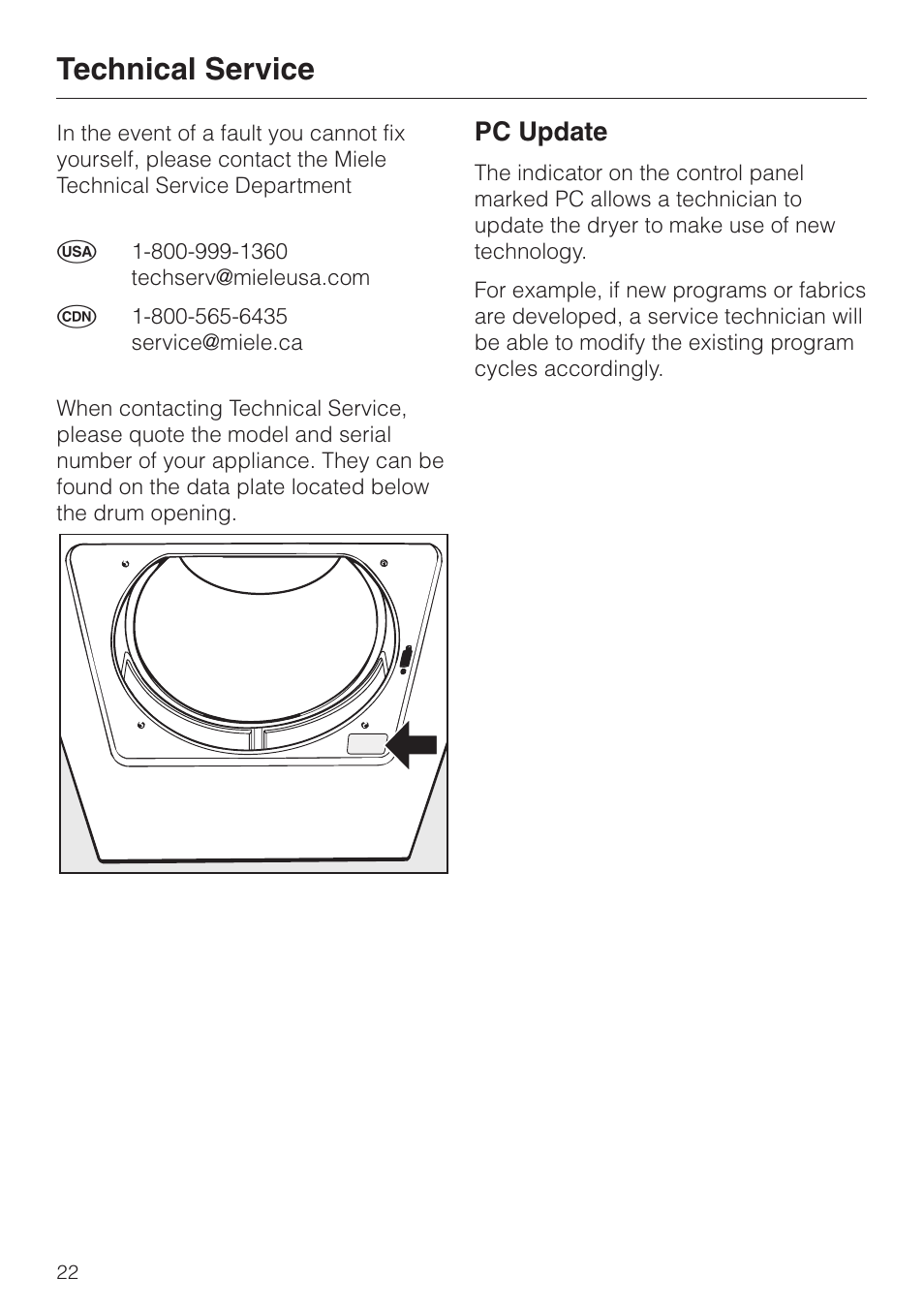 Technical service 22, Technical service, Pc update | Miele T1323C User Manual | Page 26 / 36