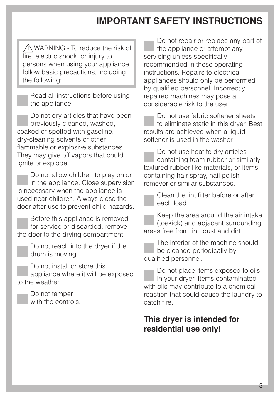 Important safety instructions 3, Important safety instructions, This dryer is intended for residential use only | Miele T1323C User Manual | Page 3 / 36