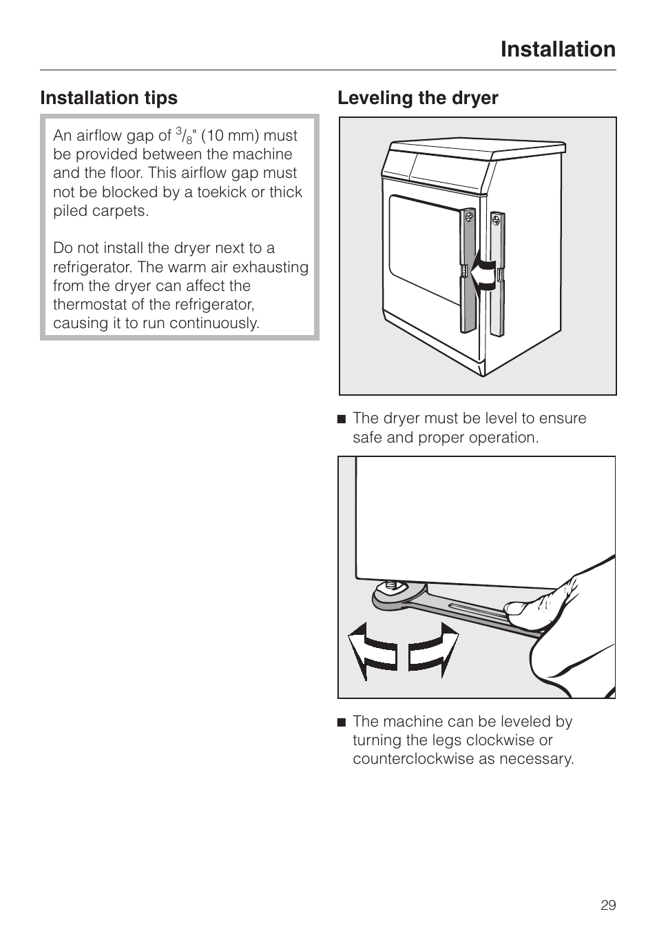 Installation tips 29, Leveling the dryer 29, Installation tips leveling the dryer | Installation, Installation tips, Leveling the dryer | Miele T1323C User Manual | Page 33 / 36