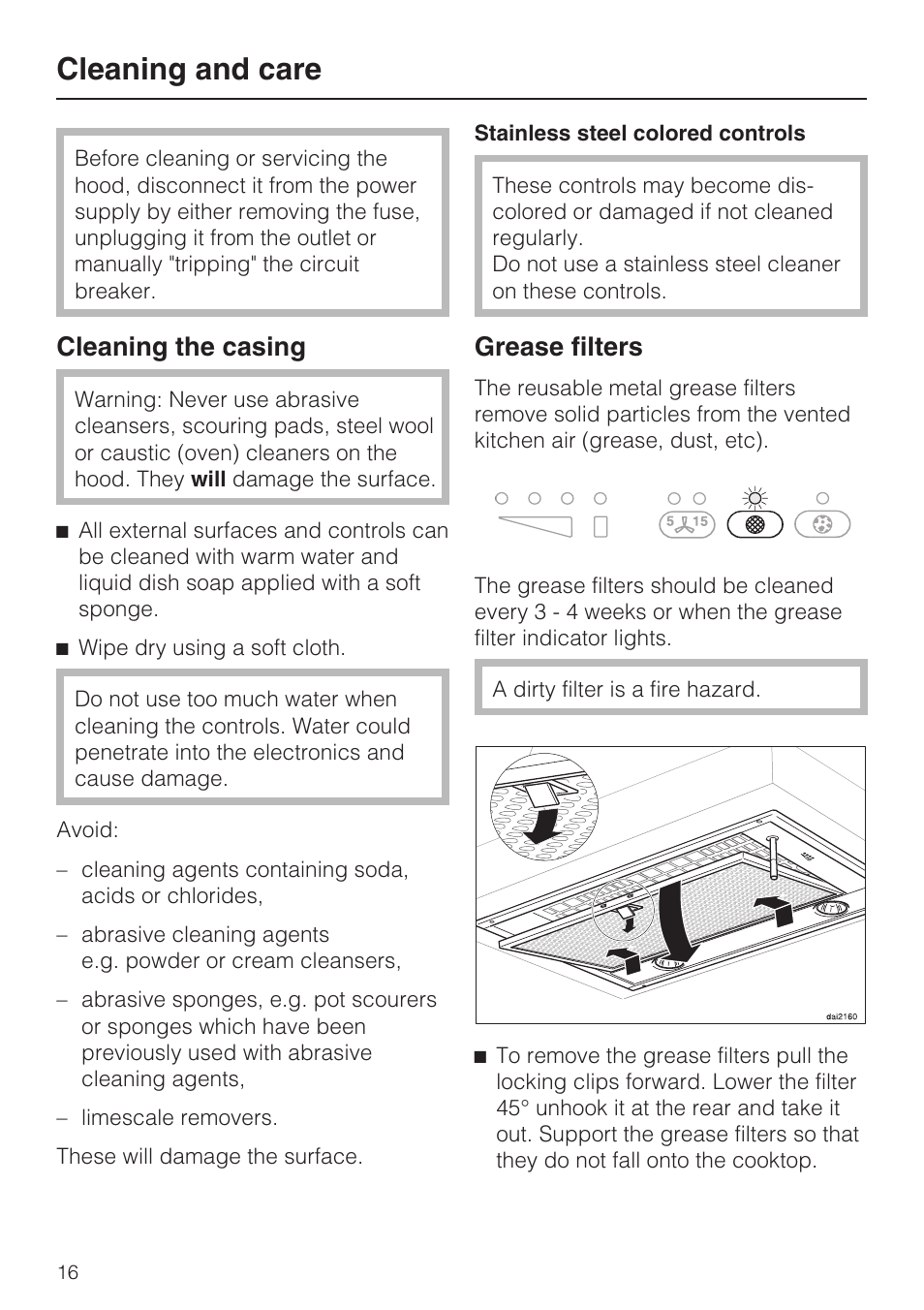 Cleaning and care 16, Cleaning the casing 16, Grease filters 16 | Cleaning and care, Cleaning the casing, Grease filters | Miele DA2280 User Manual | Page 16 / 36