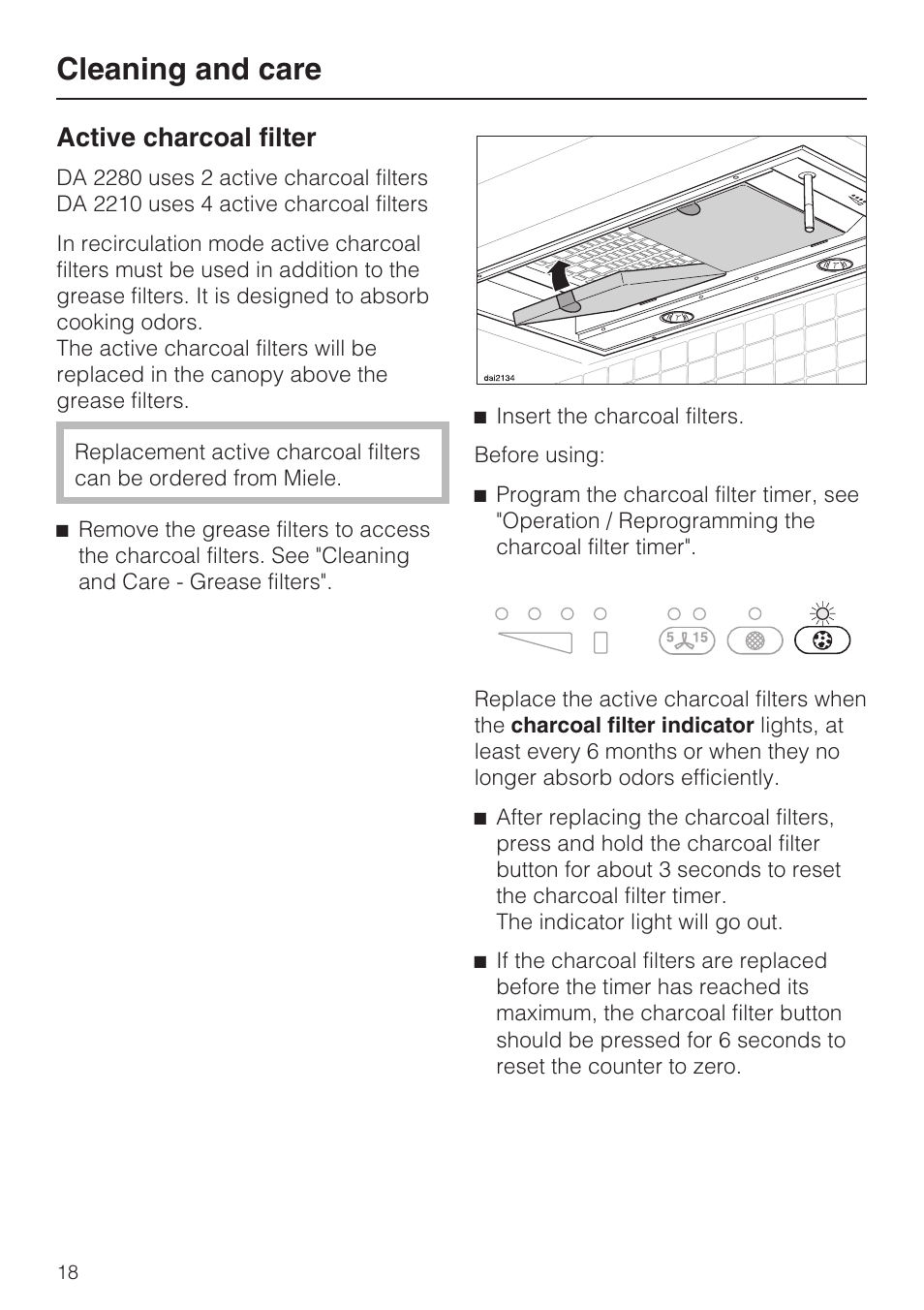 Active charcoal filter 18, Cleaning and care, Active charcoal filter | Miele DA2280 User Manual | Page 18 / 36