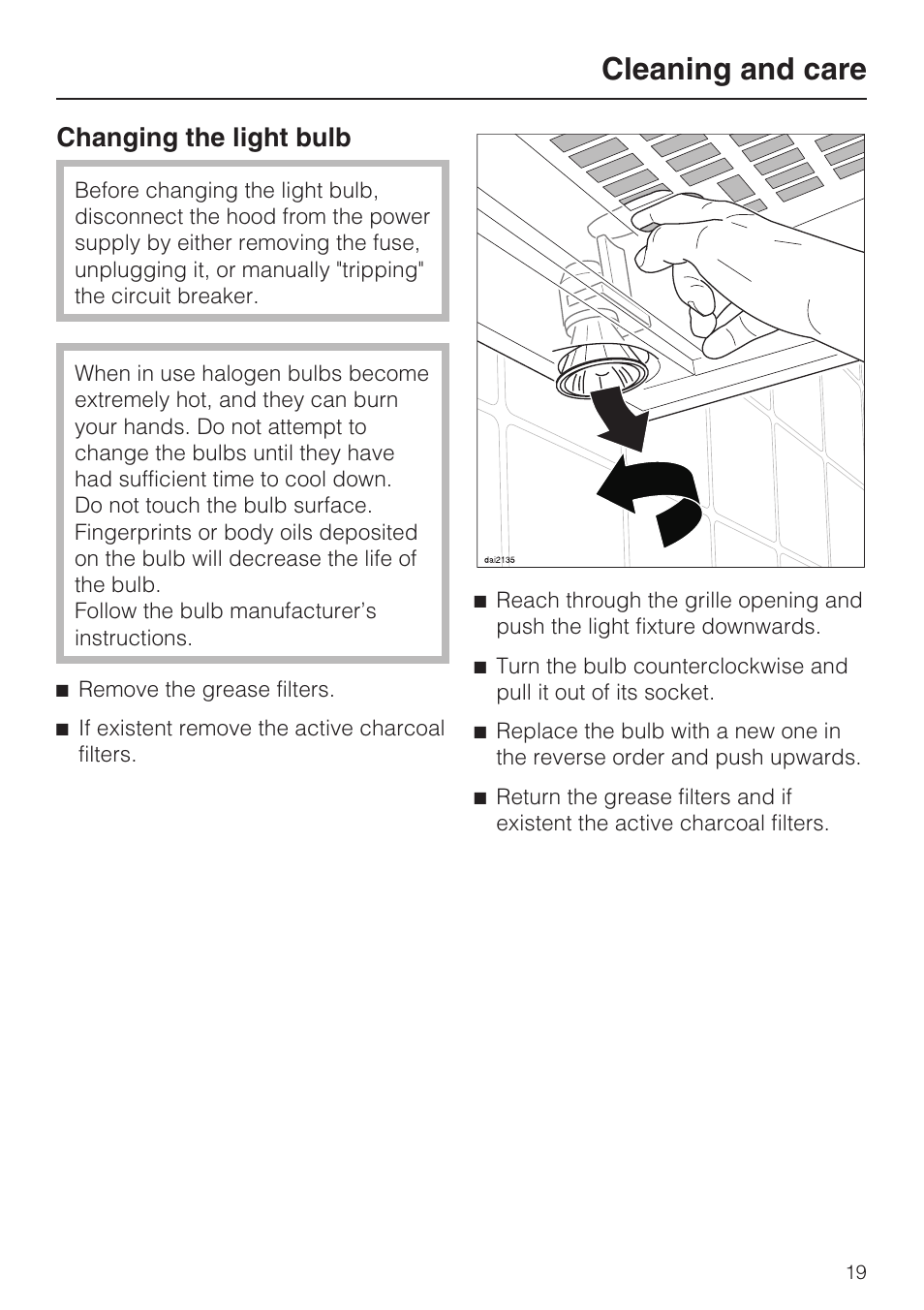 Changing the light bulb 19, Cleaning and care, Changing the light bulb | Miele DA2280 User Manual | Page 19 / 36