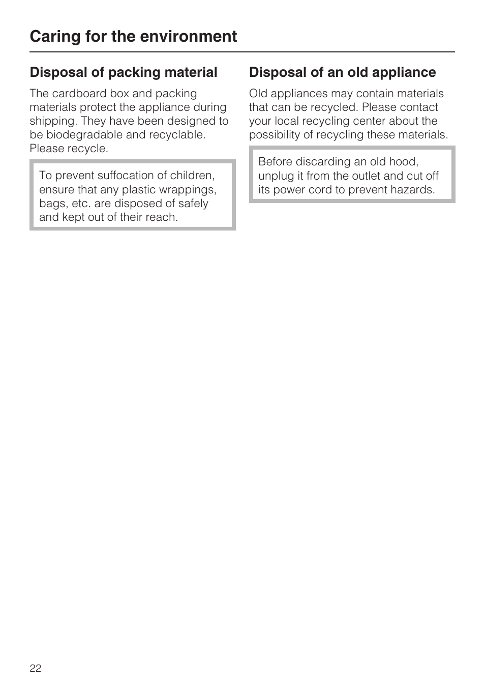 Caring for the environment 22, Caring for the environment | Miele DA2280 User Manual | Page 22 / 36