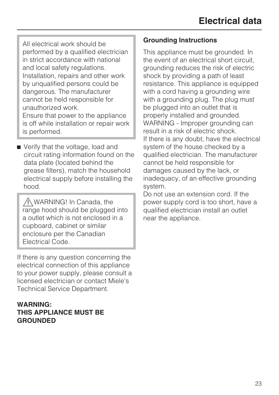 Electrical data 23, Electrical data | Miele DA2280 User Manual | Page 23 / 36