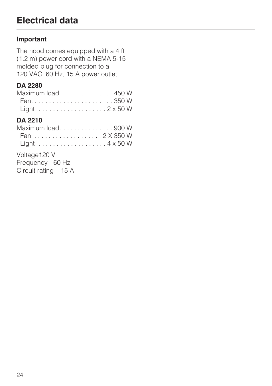 Appliance dimensions 24, Electrical data | Miele DA2280 User Manual | Page 24 / 36