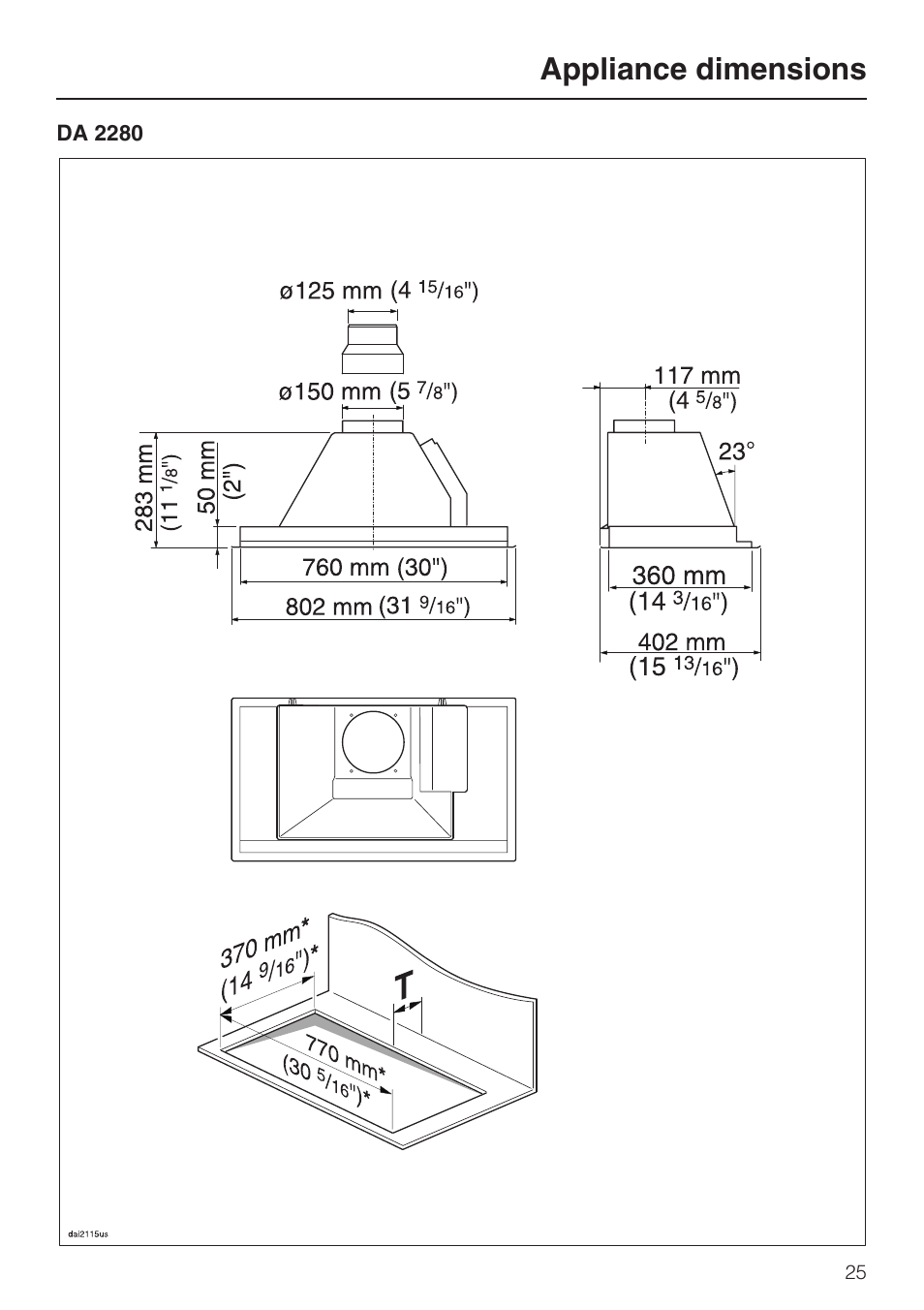 Appliance dimensions | Miele DA2280 User Manual | Page 25 / 36