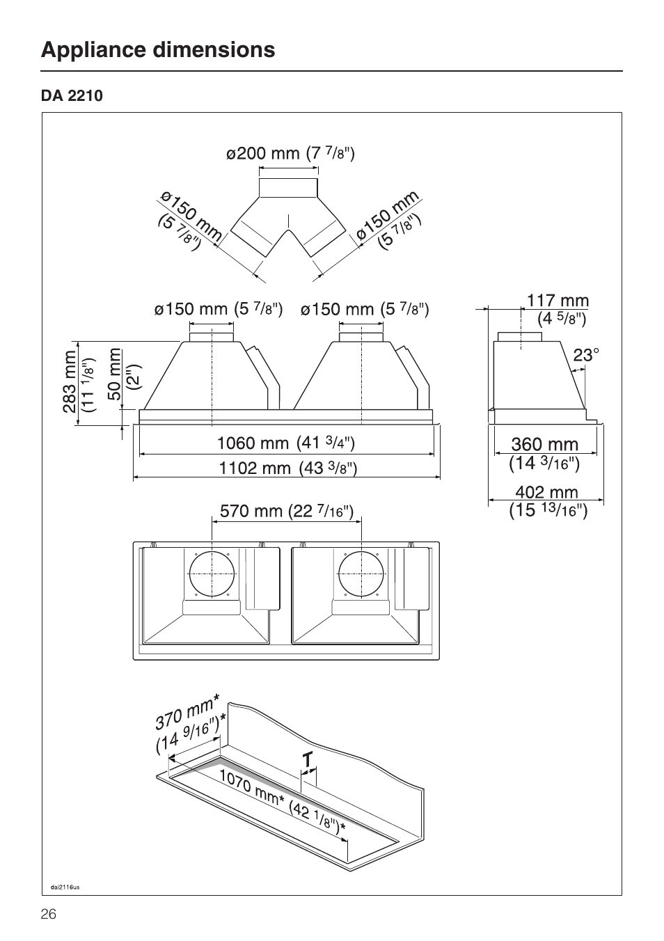 Appliance dimensions | Miele DA2280 User Manual | Page 26 / 36