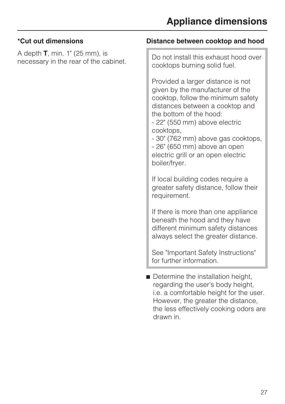 Installation 27, Appliance dimensions | Miele DA2280 User Manual | Page 27 / 36