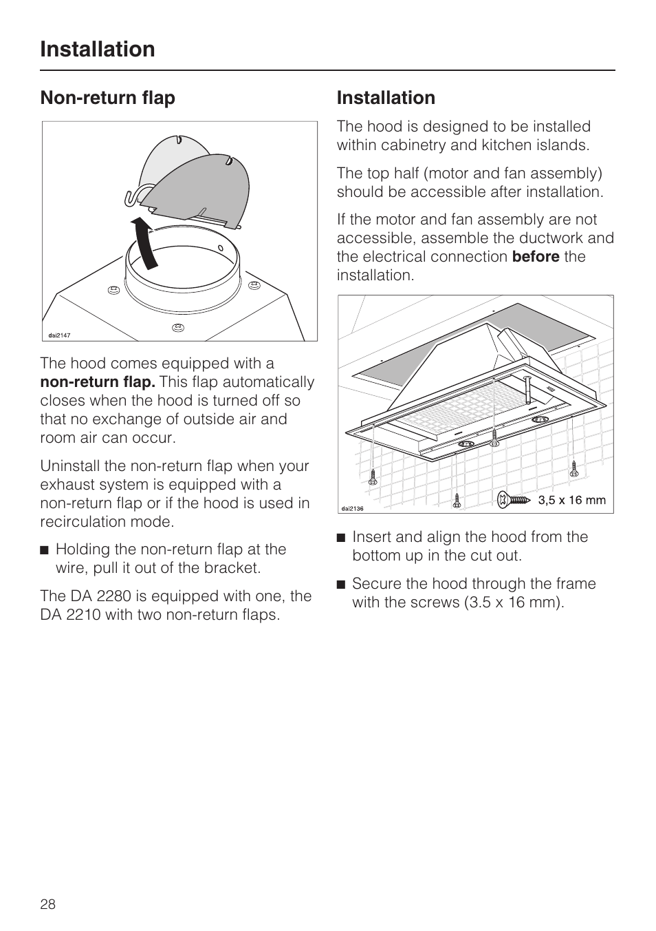 Non-return flap, Installation | Miele DA2280 User Manual | Page 28 / 36