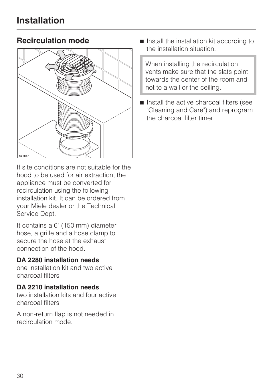 Installing the joystick 30, Joystick extension 30, Installation | Recirculation mode | Miele DA2280 User Manual | Page 30 / 36