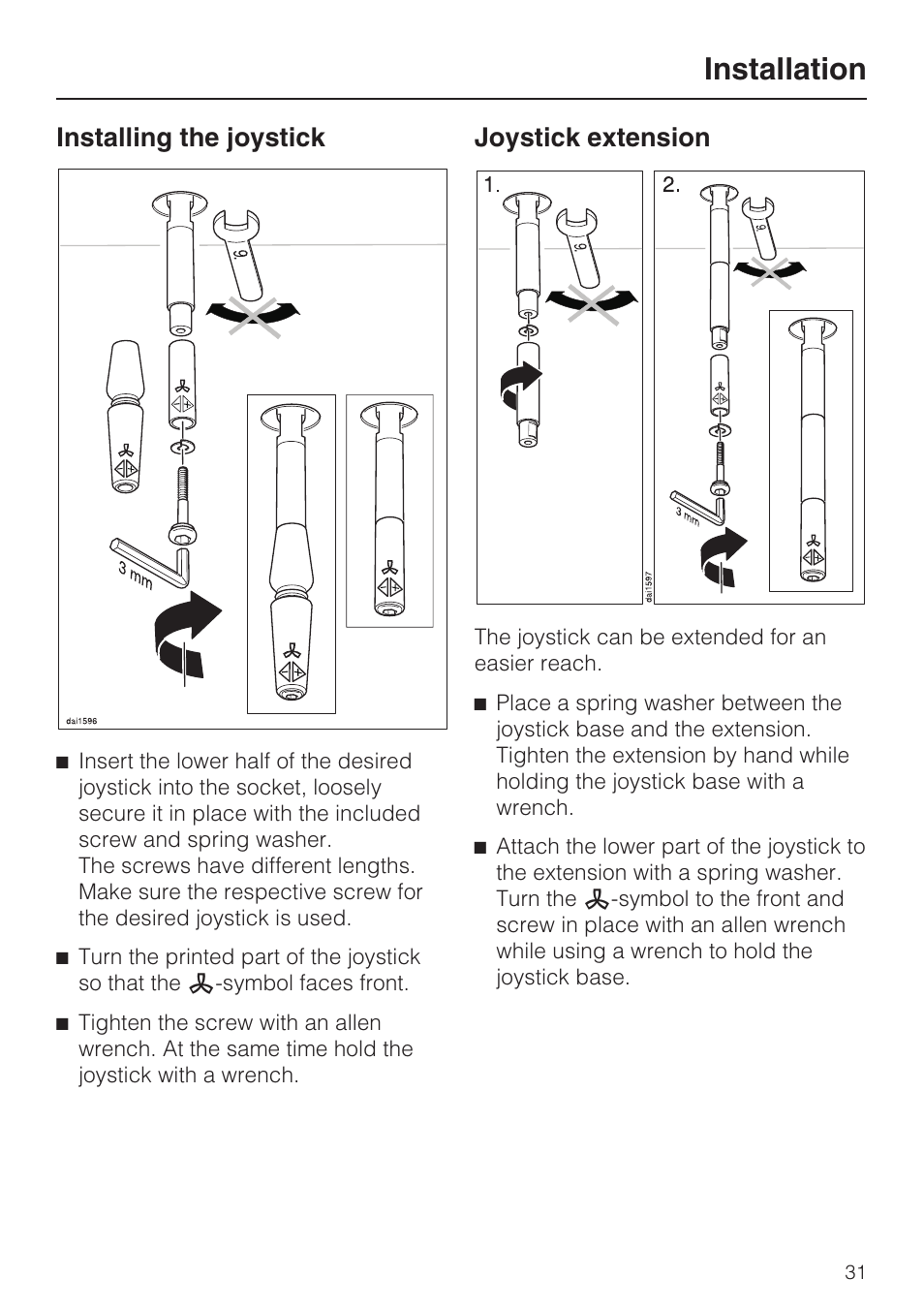 Electrical connection 31, Installation, Installing the joystick | Joystick extension | Miele DA2280 User Manual | Page 31 / 36