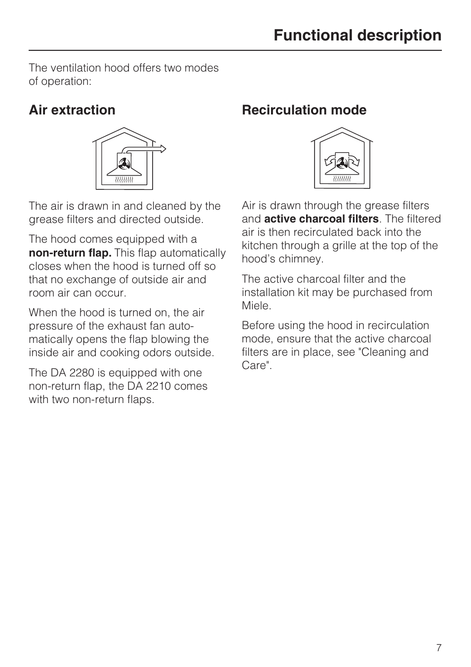 Functional description 7, Functional description, Air extraction | Recirculation mode | Miele DA2280 User Manual | Page 7 / 36