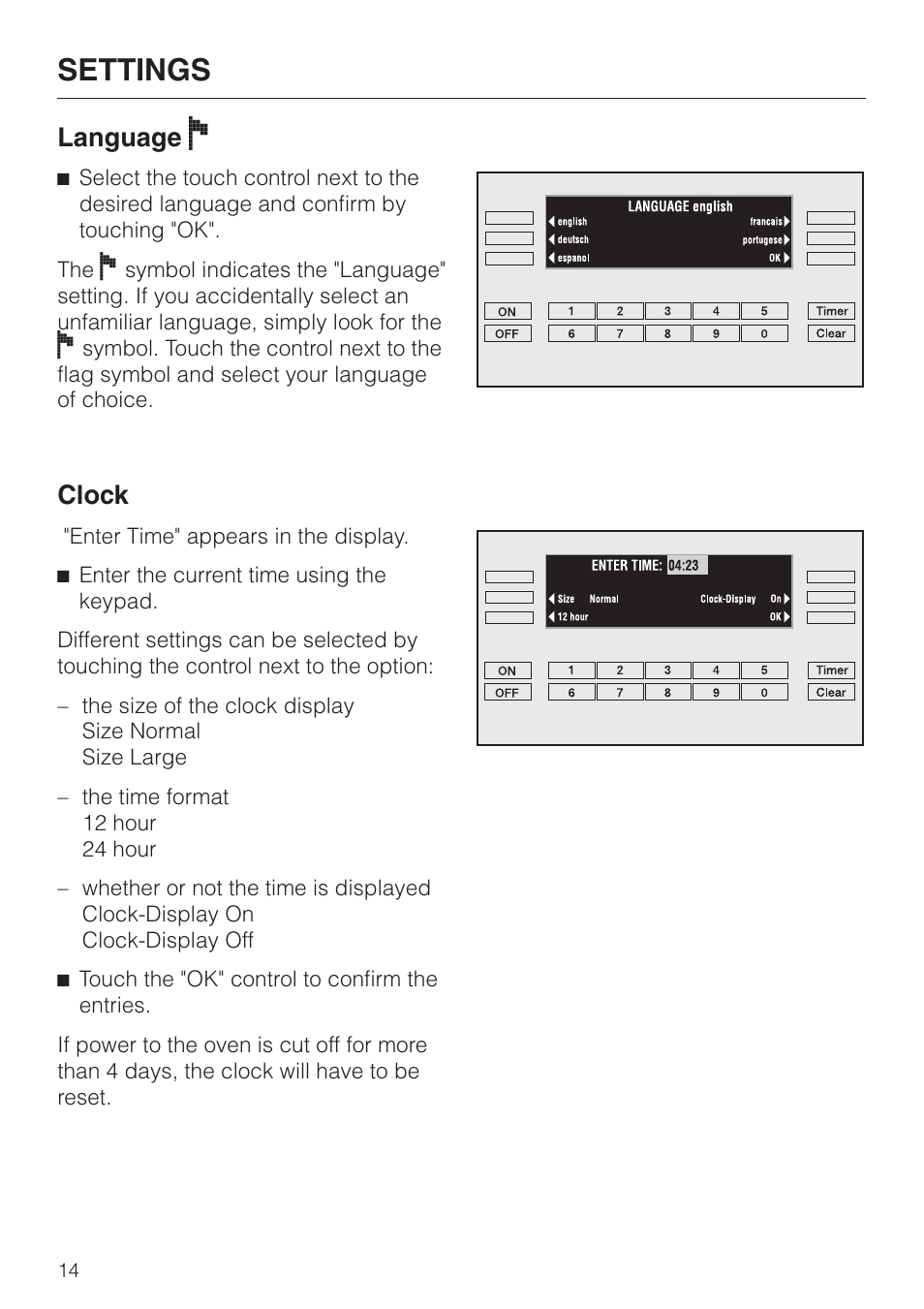 Language f 14, Clock 14, Language | Clock, Settings, Language f | Miele H 395 BP User Manual | Page 14 / 80