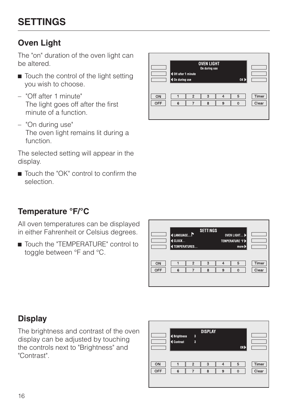 Oven light 16, Temperature °f/°c 16, Display 16 | Oven light temperature °f/°c display, Settings, Oven light, Temperature °f/°c, Display | Miele H 395 BP User Manual | Page 16 / 80