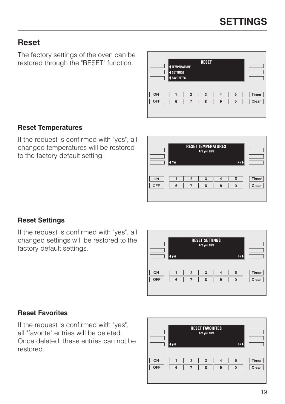 Reset 19, Reset, Settings | Miele H 395 BP User Manual | Page 19 / 80