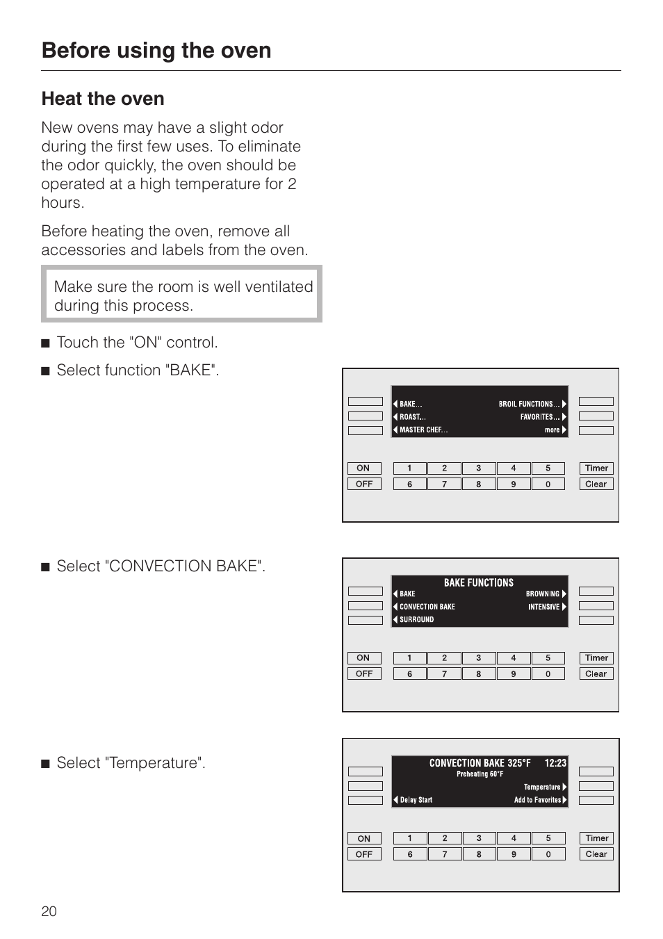 Before using the oven 20, Before using the oven, Heat the oven | Miele H 395 BP User Manual | Page 20 / 80