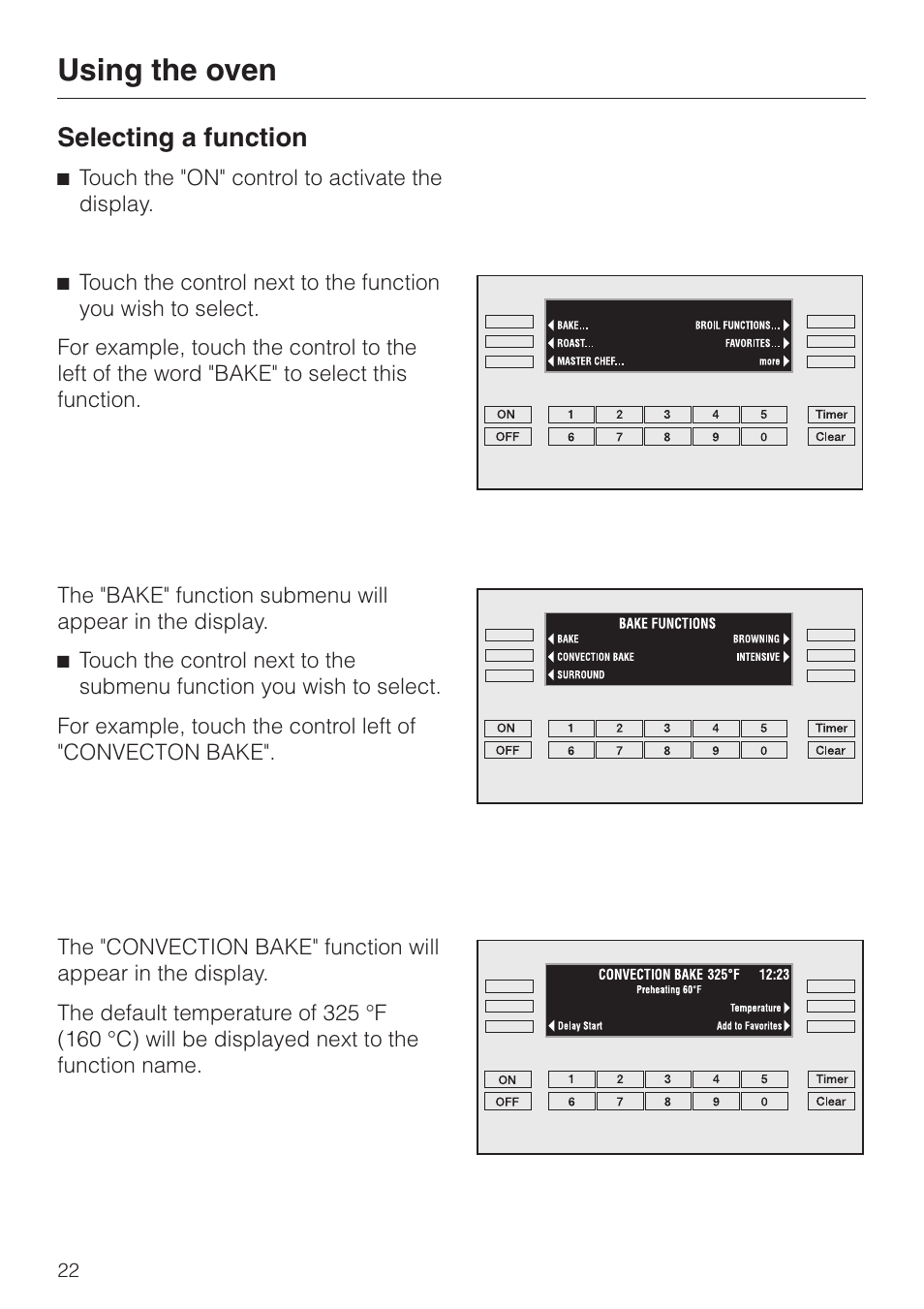 Using the oven 22, Selecting a function 22, Using the oven | Selecting a function | Miele H 395 BP User Manual | Page 22 / 80