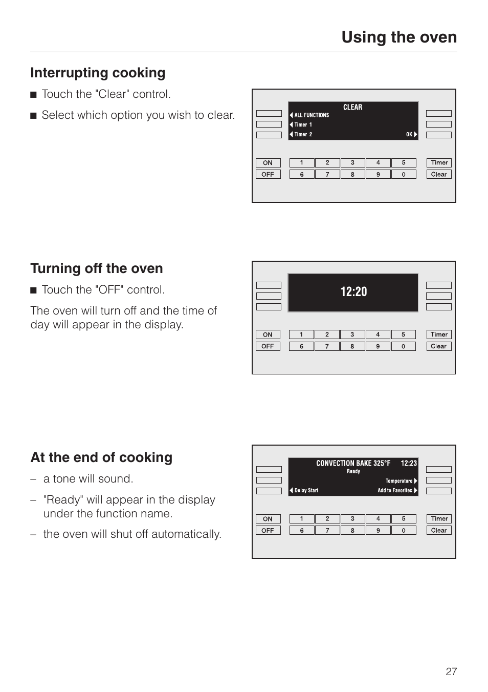 Interrupting cooking 27, Turning off the oven 27, At the end of cooking 27 | Using the oven | Miele H 395 BP User Manual | Page 27 / 80