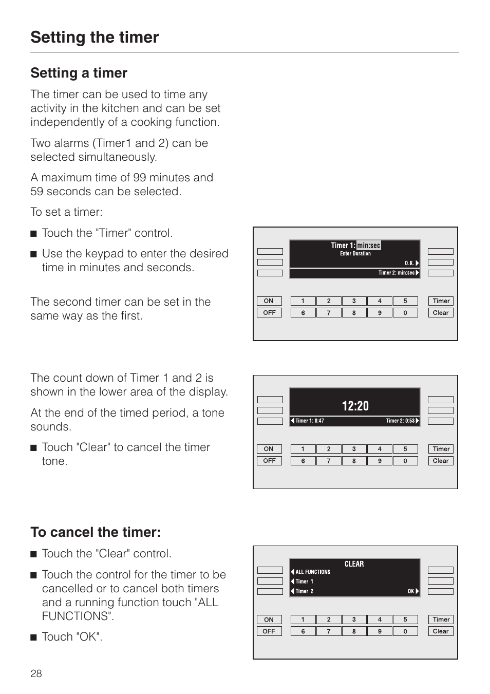 Setting the timer 28, Setting the timer, Setting a timer | Miele H 395 BP User Manual | Page 28 / 80