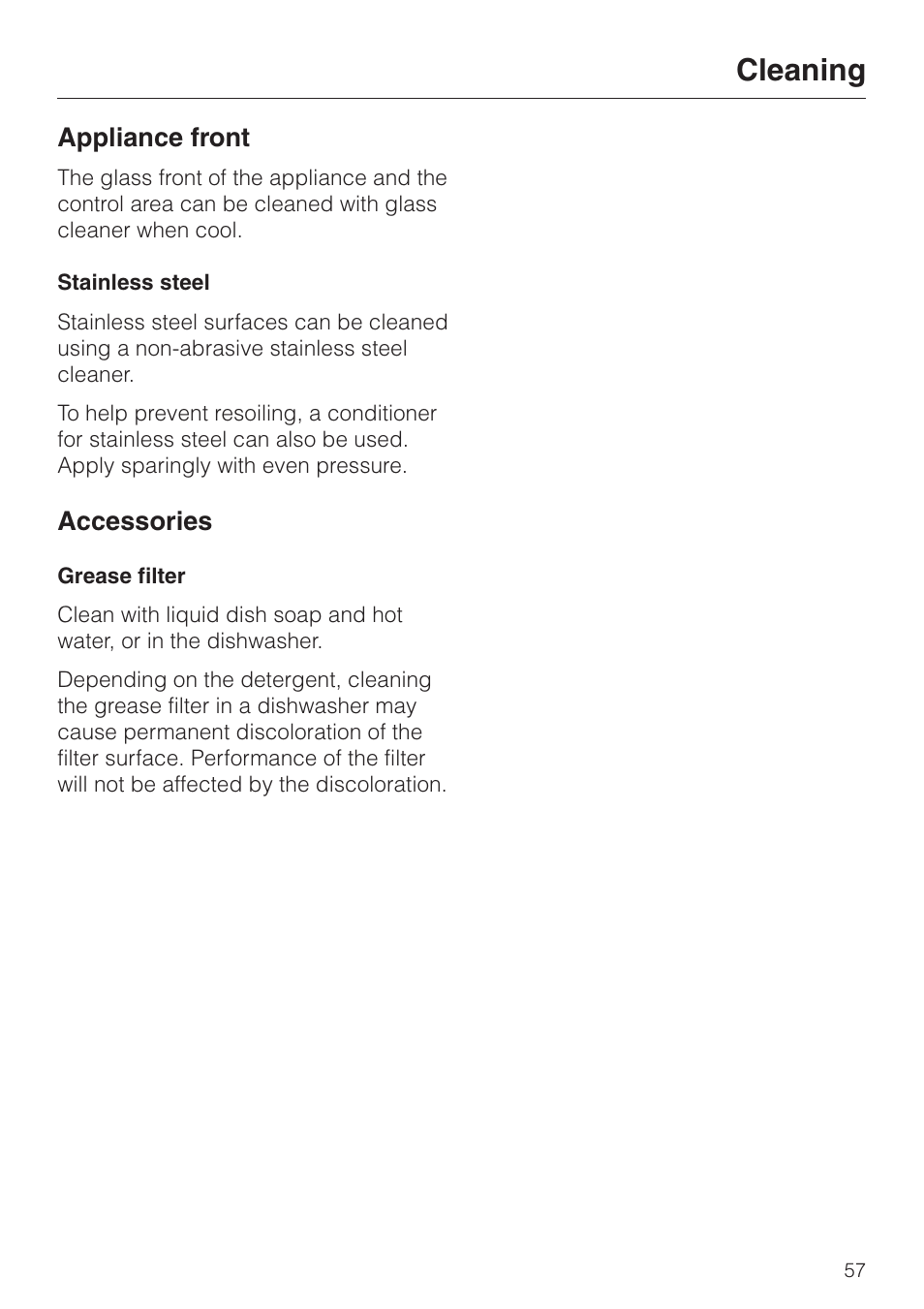 Cleaning 57, Cleaning, Appliance front | Accessories | Miele H 395 BP User Manual | Page 57 / 80