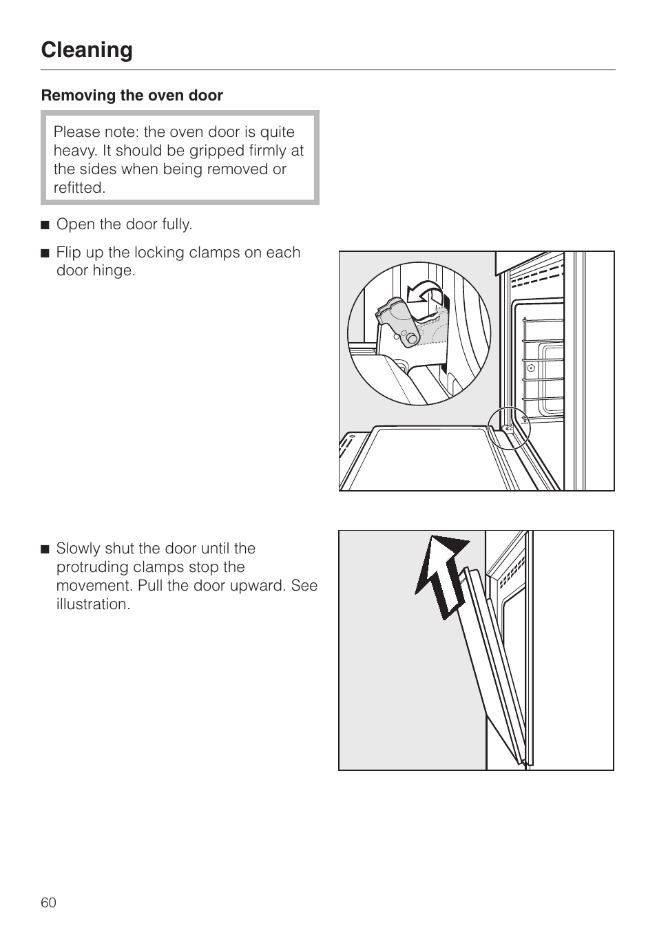 Removing the oven door 60, Removing the oven door, Cleaning | Miele H 395 BP User Manual | Page 60 / 80