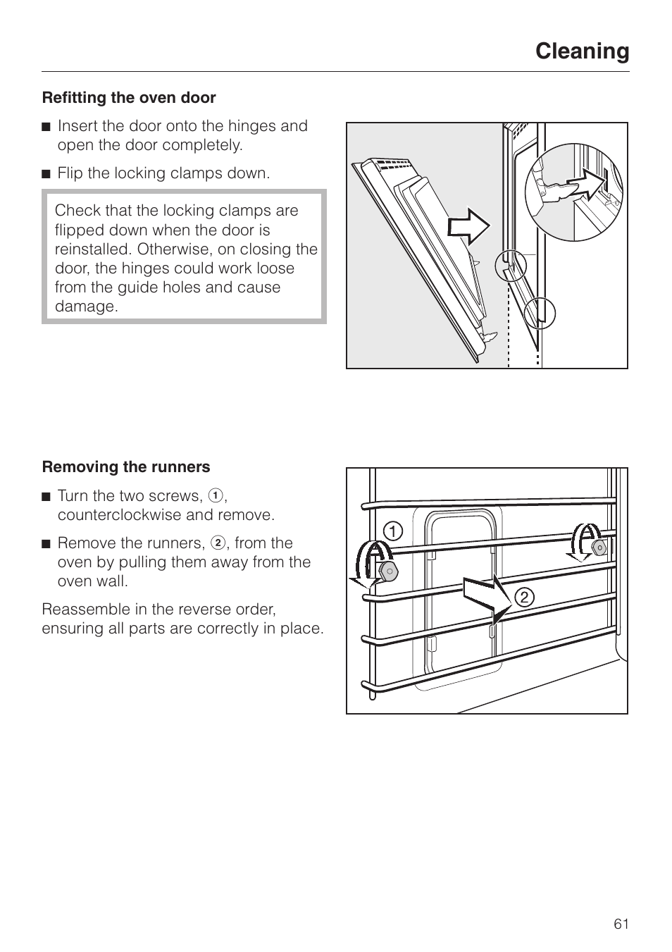 Removing the runners 61, Removing the runners, Cleaning | Miele H 395 BP User Manual | Page 61 / 80