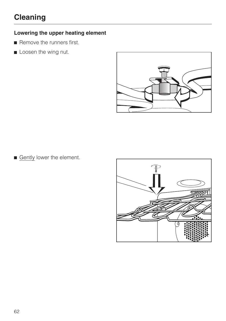 Lowering the upper heating element 62, Lowering the upper heating element, Cleaning | Miele H 395 BP User Manual | Page 62 / 80