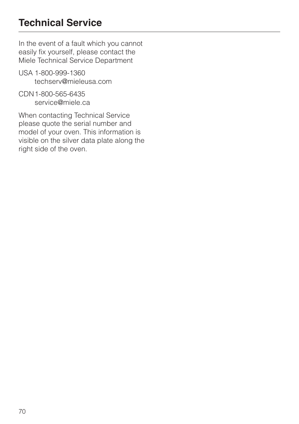 Technical service 70, Technical service | Miele H 395 BP User Manual | Page 70 / 80