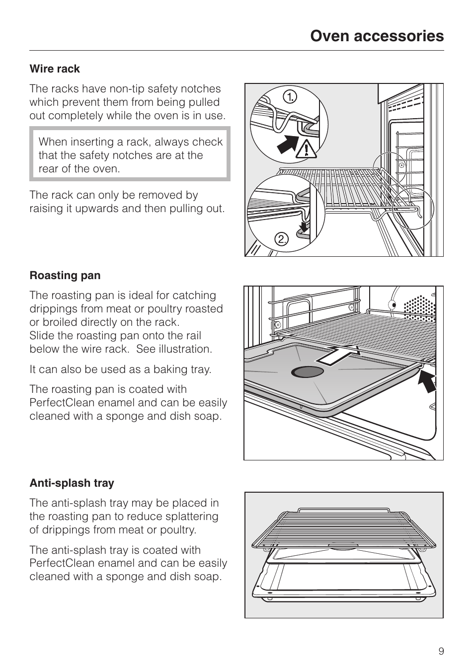 Oven accessories 9, Wire rack 9, Roasting pan 9 | Anti-splash tray 9, Oven accessories, Wire rack roasting pan anti-splash tray | Miele H 395 BP User Manual | Page 9 / 80