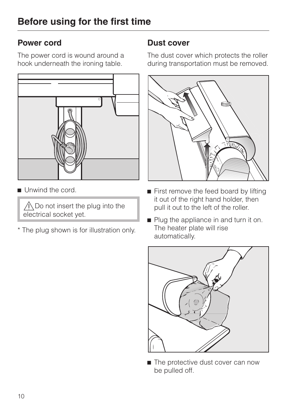Before using for the first time 10, Power cord 10, Dust cover 10 | Before using for the first time, Power cord, Dust cover | Miele B 890 User Manual | Page 10 / 36