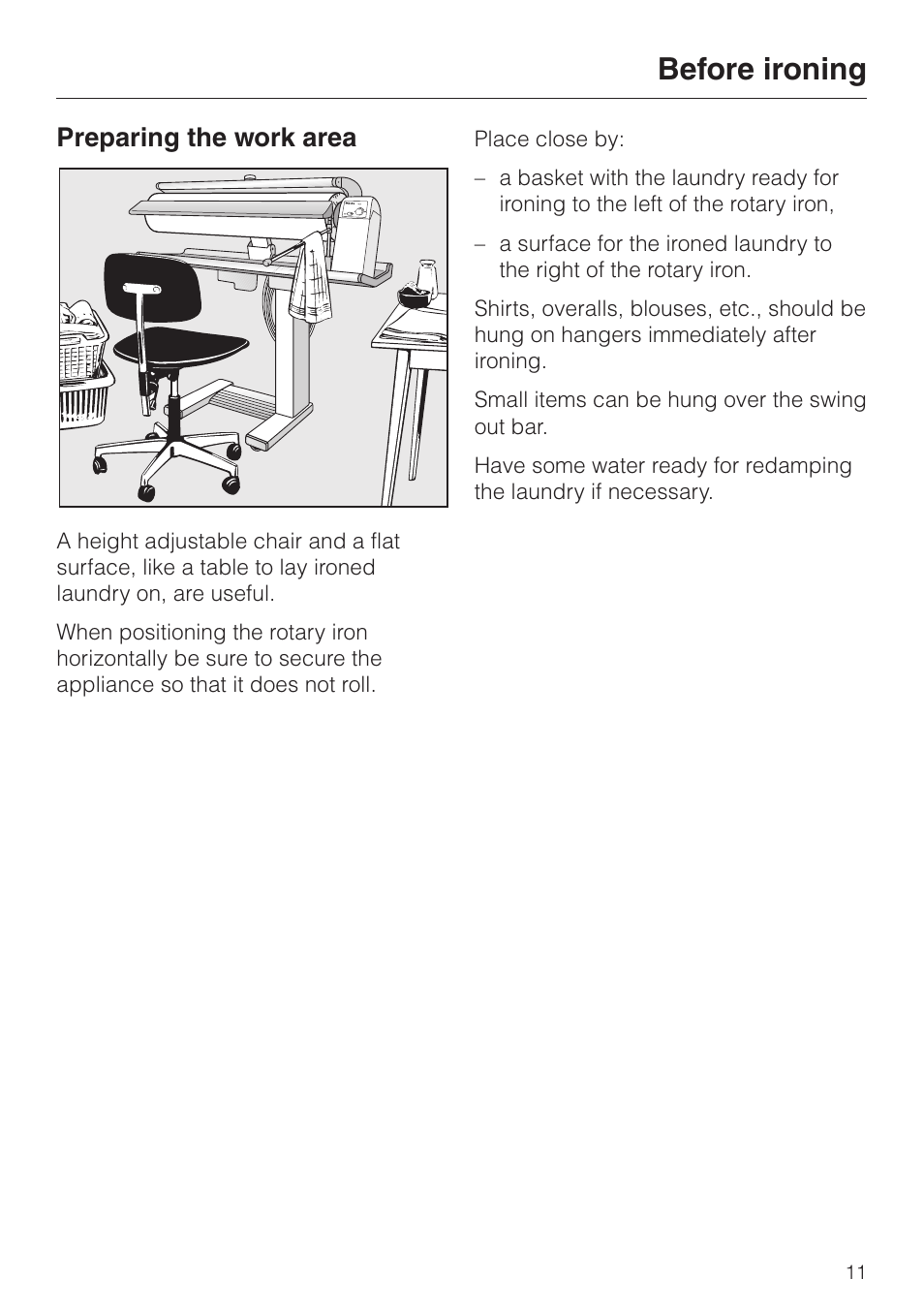 Before ironing 11, Preparing the work area 11, Before ironing | Preparing the work area | Miele B 890 User Manual | Page 11 / 36