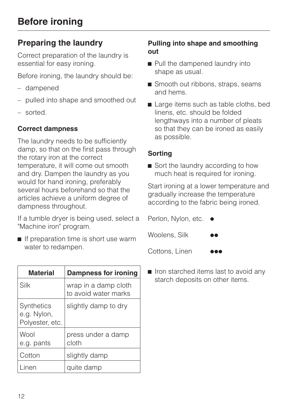 Preparing the laundry 12, Before ironing, Preparing the laundry | Miele B 890 User Manual | Page 12 / 36