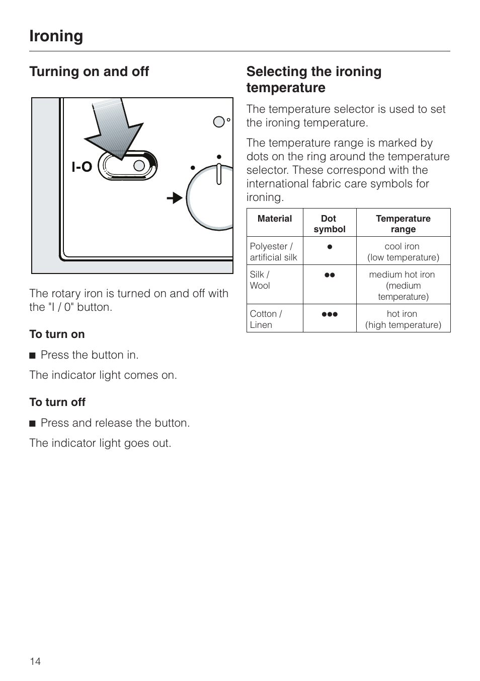 Ironing 14, Turning on and off 14, Selecting the ironing temperature 14 | Ironing, Turning on and off, Selecting the ironing temperature | Miele B 890 User Manual | Page 14 / 36