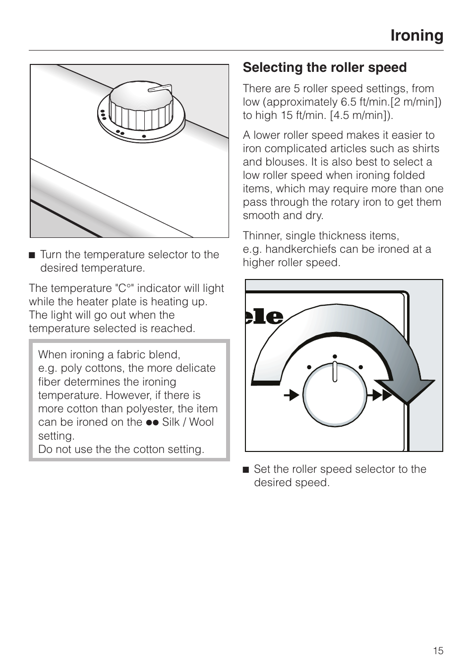 Selecting the roller speed 15, Ironing, Selecting the roller speed | Miele B 890 User Manual | Page 15 / 36