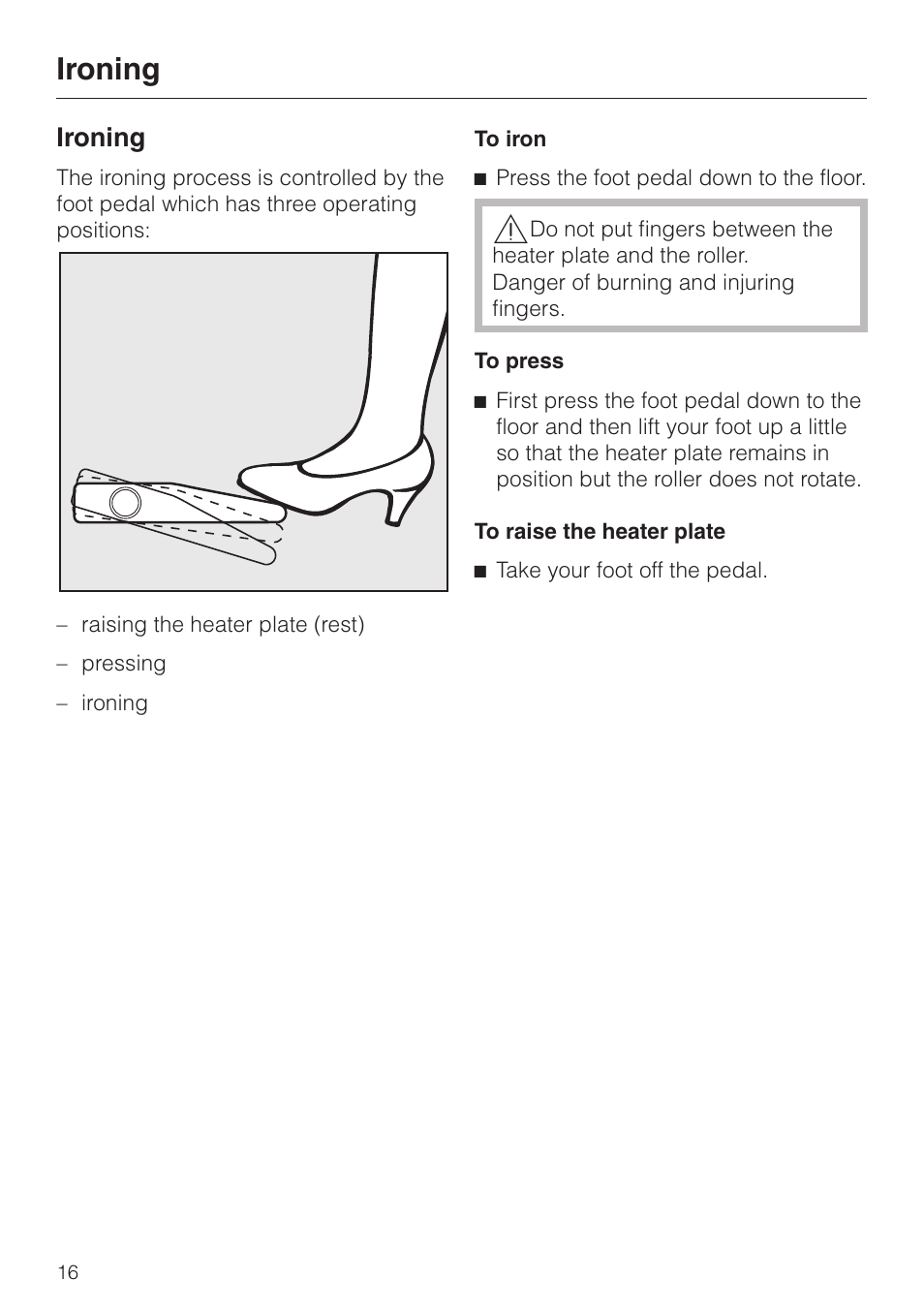 Ironing 16, Ironing | Miele B 890 User Manual | Page 16 / 36