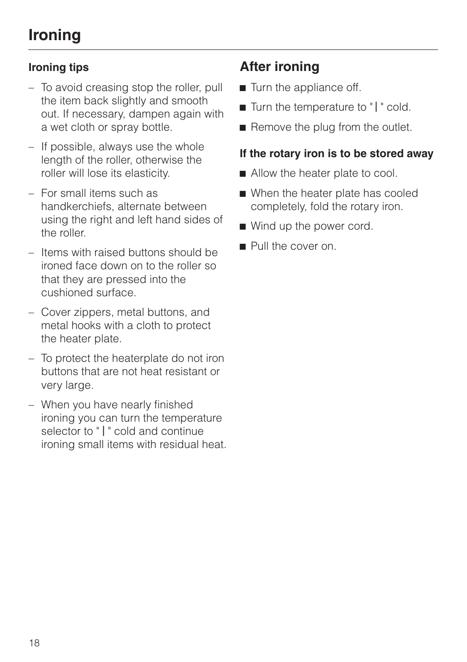 After ironing 18, Ironing, After ironing | Miele B 890 User Manual | Page 18 / 36