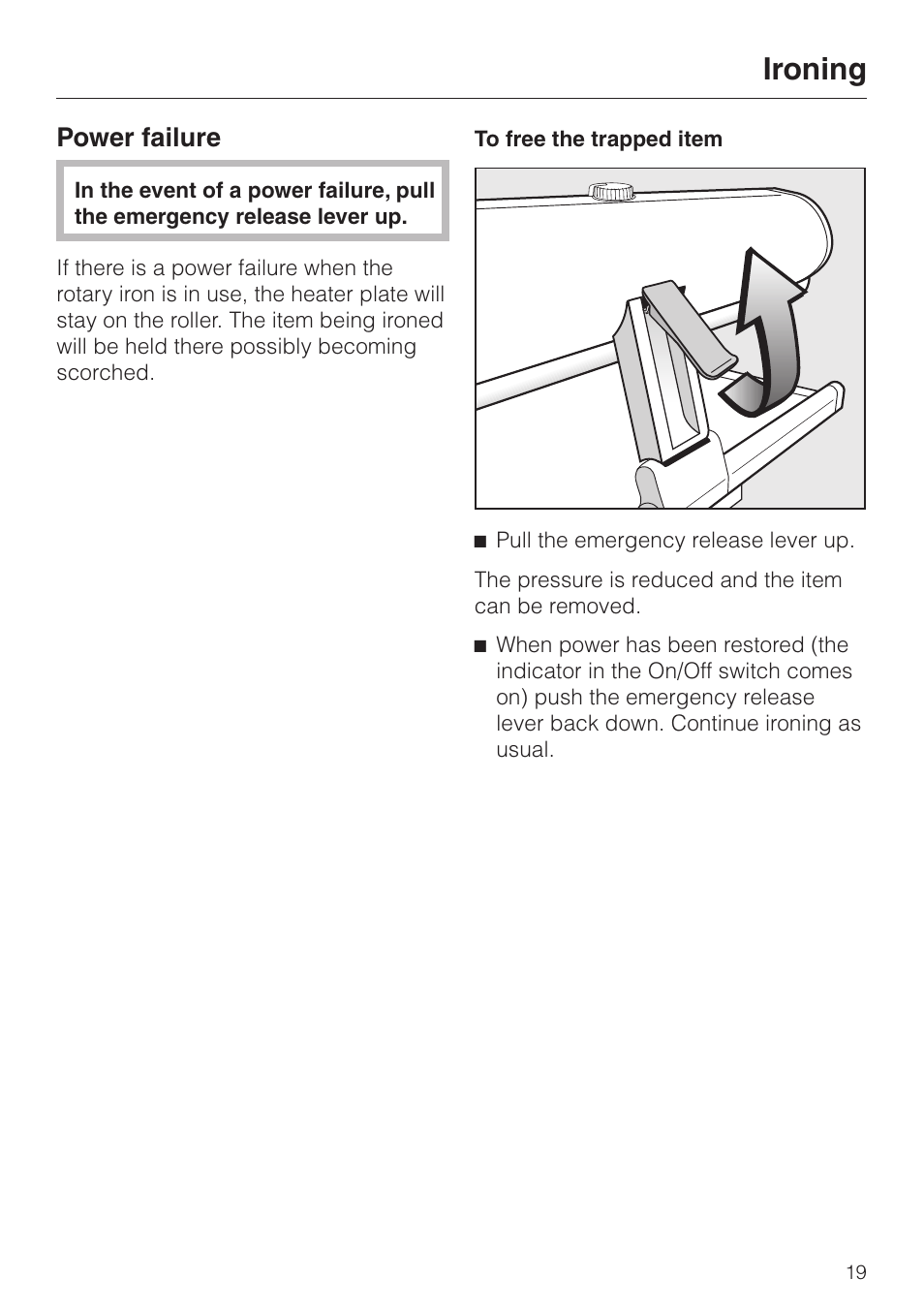 Power failure 19, Ironing, Power failure | Miele B 890 User Manual | Page 19 / 36