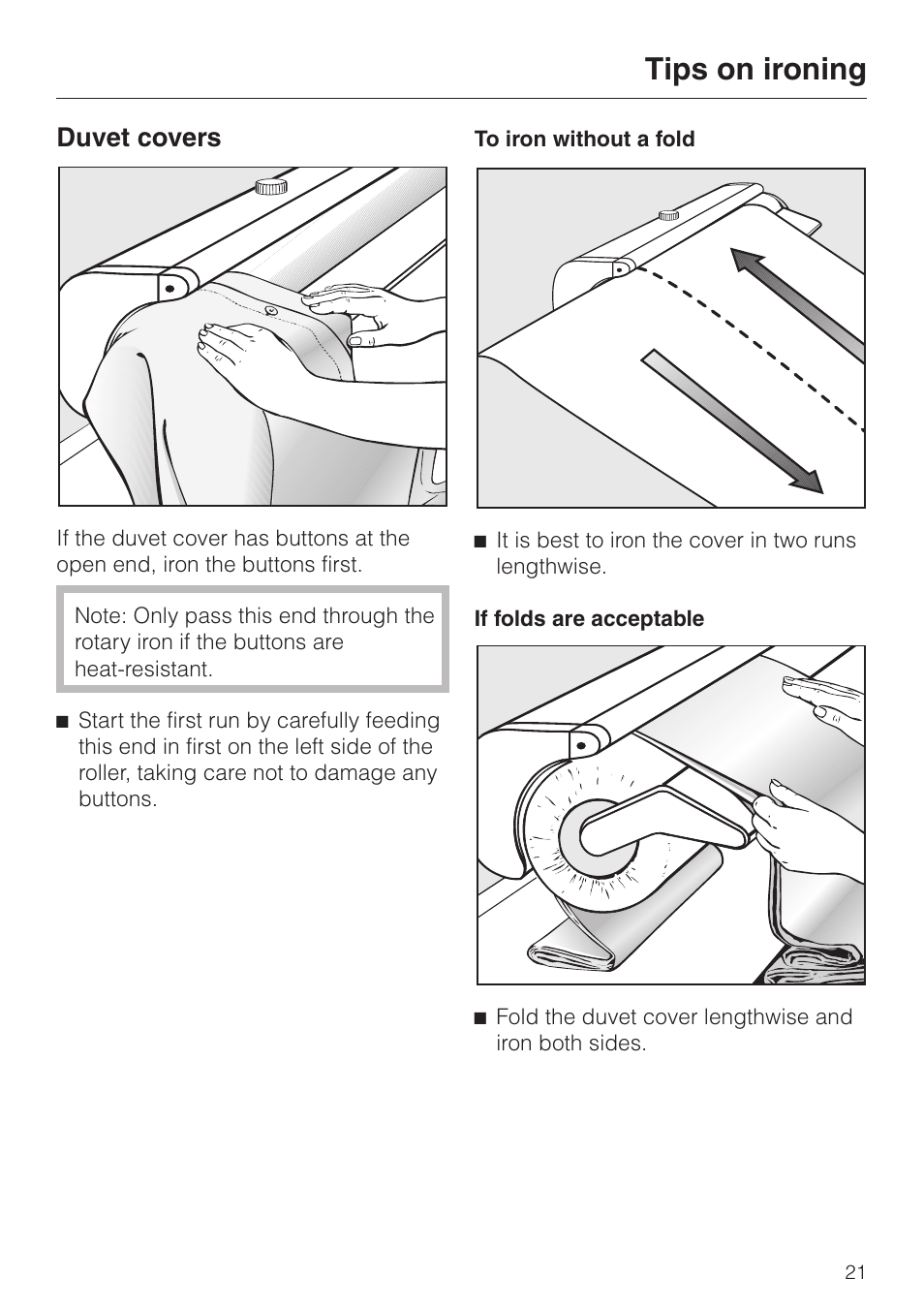 Duvet covers 21, Tips on ironing, Duvet covers | Miele B 890 User Manual | Page 21 / 36